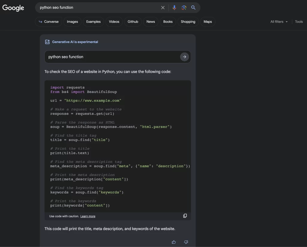 Google SGE sfaturi coding
