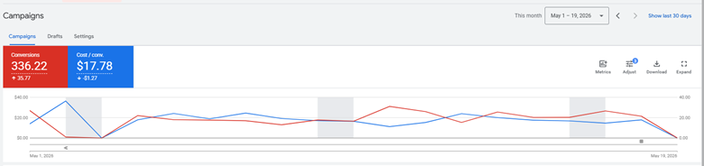 grafic perioada 16-24 februarie optimizare cont Google Ads